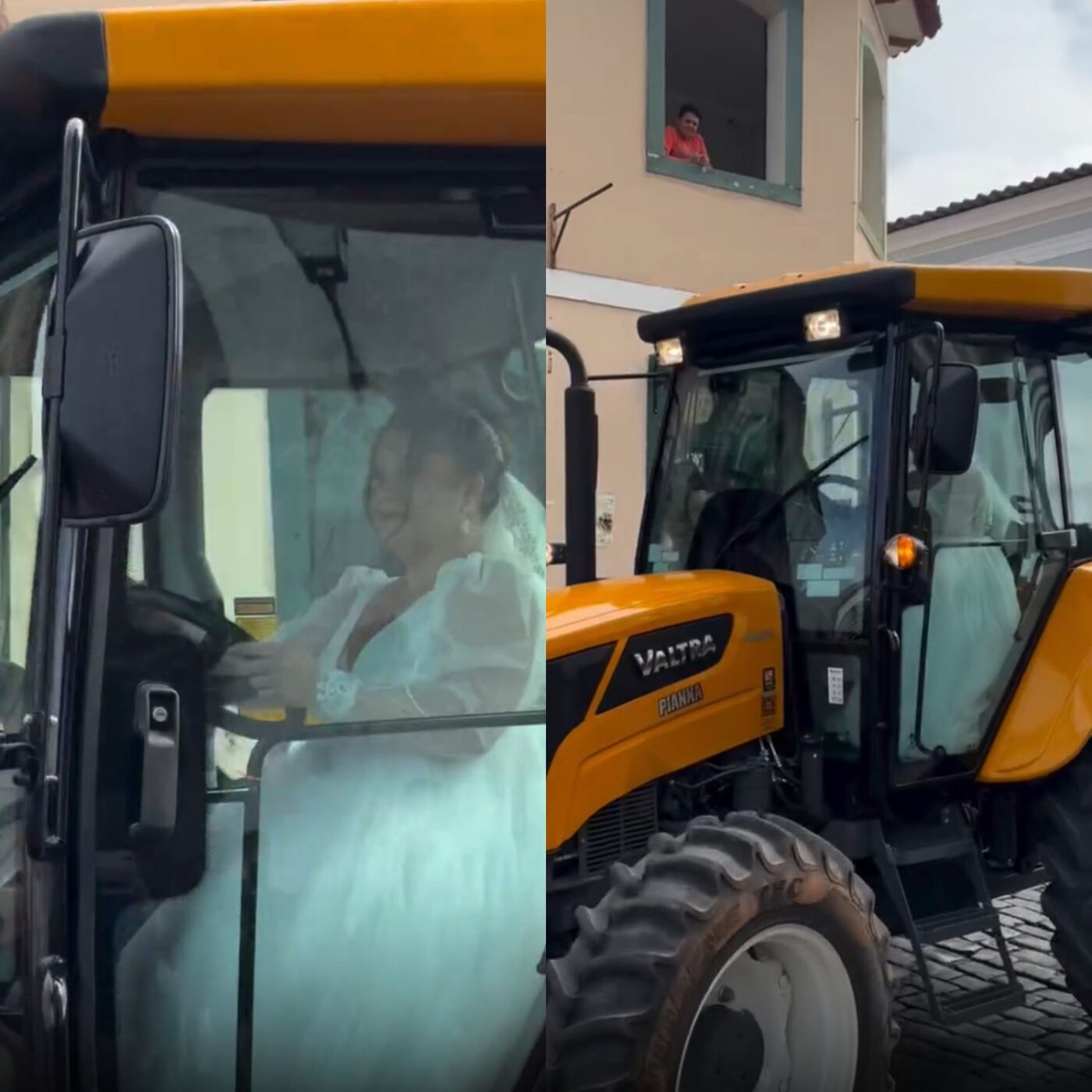 Noiva chega dirigindo trator e sai de caminhão com o marido após casamento em Minas Gerais