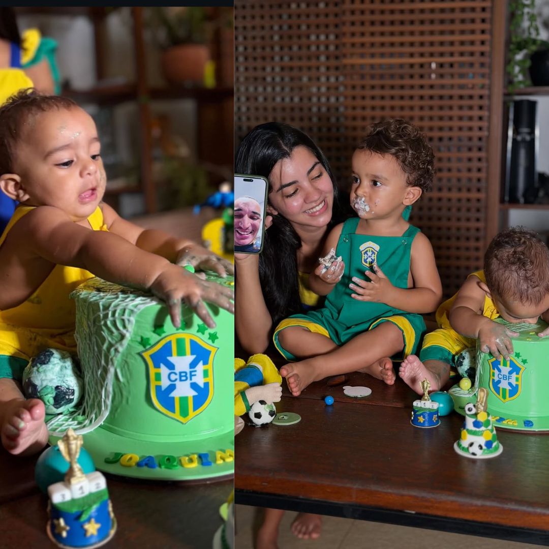 Ary Mirelle celebra 9 meses de Joaquim com fotos em clima de Copa do Mundo
