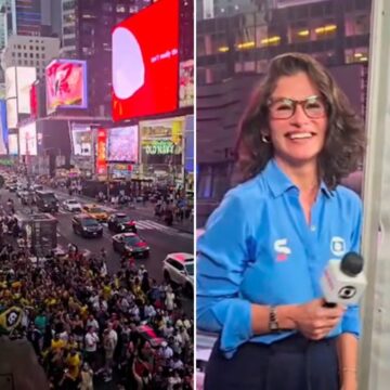 Em NY, brasileiros cantam parabéns paras Renata Vasconcellos durante cobertura da Copa do Mundo; veja vídeo