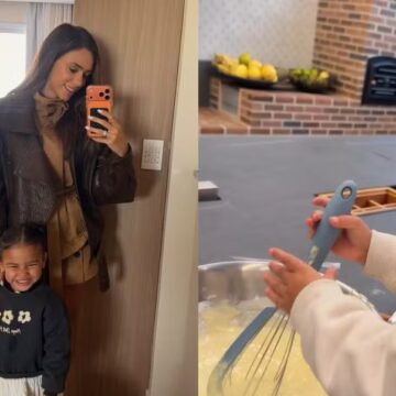 Bruna Biancardi mostra Mavie na cozinha preparando bolinho de chuva