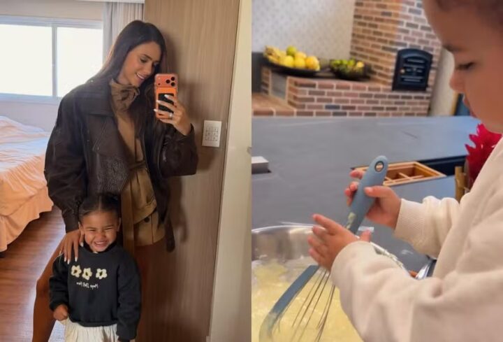 Bruna Biancardi mostra Mavie na cozinha preparando bolinho de chuva