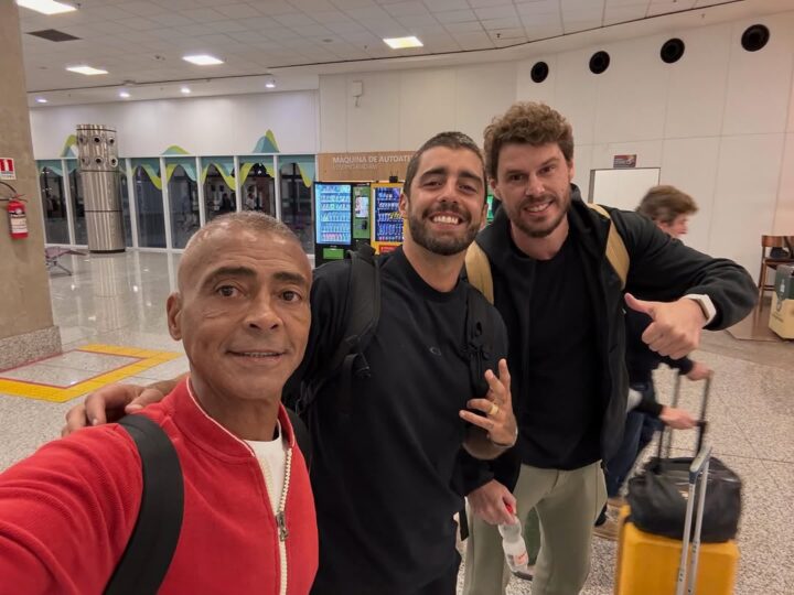 ‘Partiu Copa’: Romário compartilha foto com Pedro Scooby e Bruninho em aeroporto do Rio