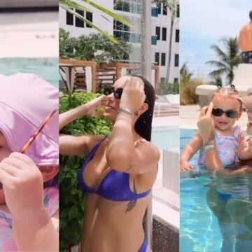 Grávida, Bruna Biancardi aproveita piscina com as filhas antes da estreia de Neymar na Copa