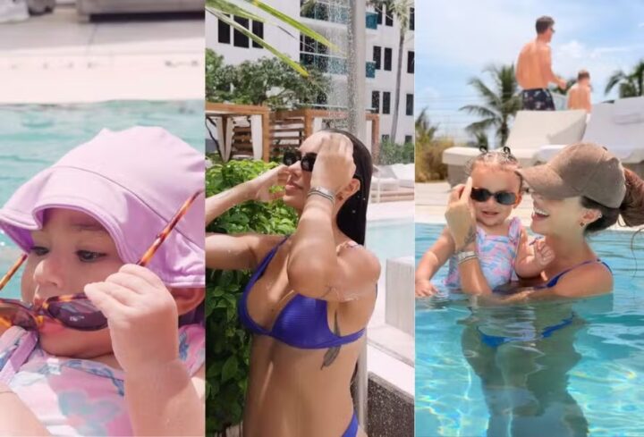 Grávida, Bruna Biancardi aproveita piscina com as filhas antes da estreia de Neymar na Copa