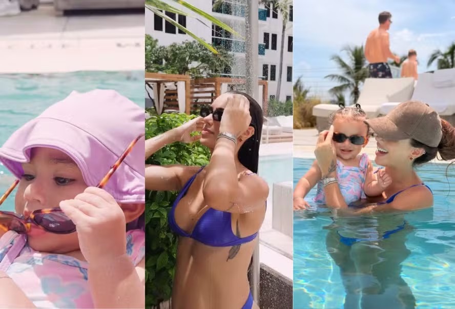 Grávida, Bruna Biancardi aproveita piscina com as filhas antes da estreia de Neymar na Copa