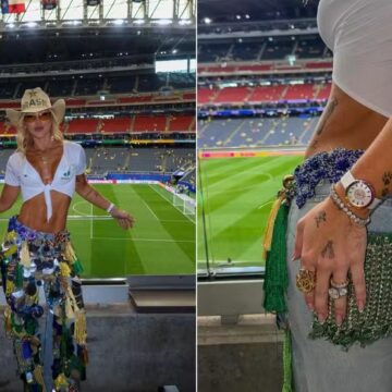 Cowgirl: Virginia aposta em calça personalizada e chapéu para jogo do Brasil no Texas