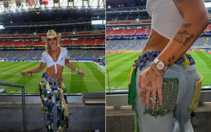 Cowgirl: Virginia aposta em calça personalizada e chapéu para jogo do Brasil no Texas