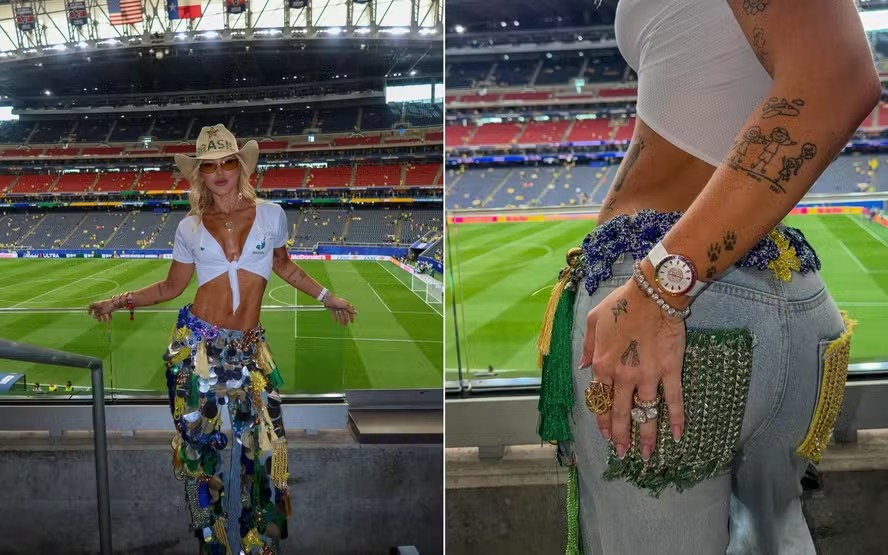 Cowgirl: Virginia aposta em calça personalizada e chapéu para jogo do Brasil no Texas