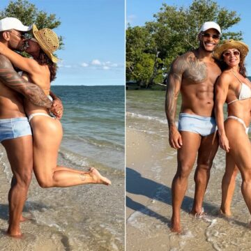 Scheila Carvalho e Tony Salles exibem boa forma durante passeio em praia de Salvador