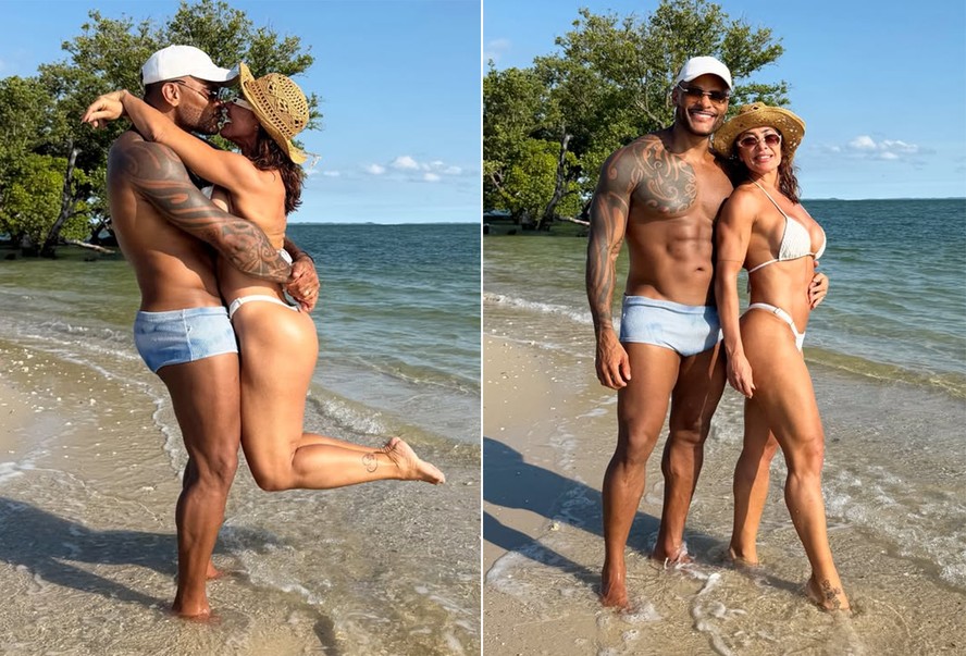 Scheila Carvalho e Tony Salles exibem boa forma durante passeio em praia de Salvador
