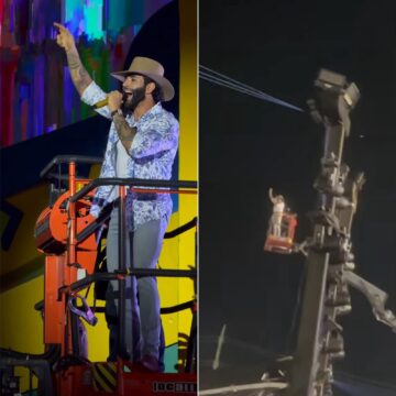 Gusttavo Lima canta em cima de guindaste e ‘voa’ sobre multidão durante show no São João de Petrolina