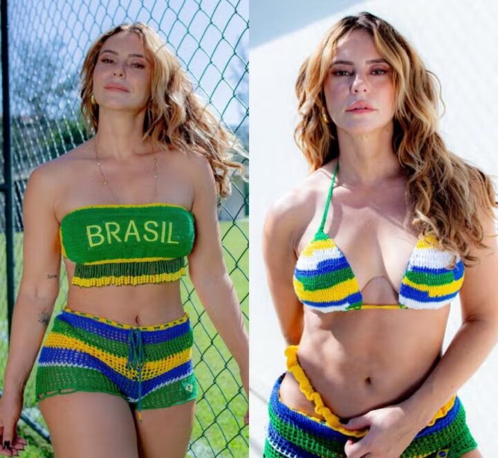 No clima da Copa, Paolla Oliveira posa com look de crochê nas cores do Brasil; veja fotos