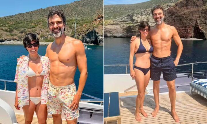 Tadeu Schmidt chama atenção com boa forma durante viagem com a esposa; veja fotos