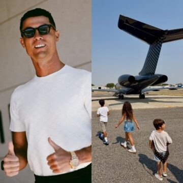 Cristiano Ronaldo posa com os filhos antes de embarque em jatinho de R$ 300 milhões