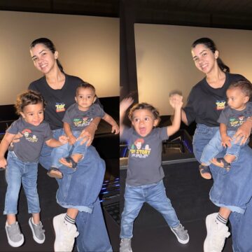 Ary Mirelle leva os filhos ao cinema pela primeira vez para assistir Toy Story 5; veja fotos