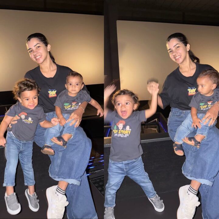 Ary Mirelle leva os filhos ao cinema pela primeira vez para assistir a Toy Story 5; veja fotos