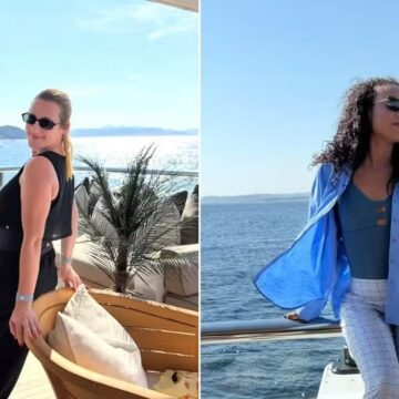 Babás dos filhos de Virginia posam no superiate onde está a influenciadora na Itália