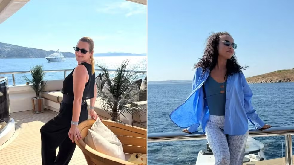 Babás dos filhos de Virginia posam no superiate onde está a influenciadora na Itália