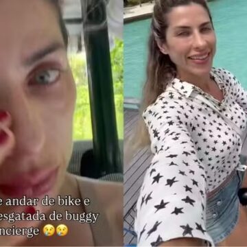 Curtindo férias nas Maldivas, Ana Paula Minerato chora por não saber andar de bicicleta