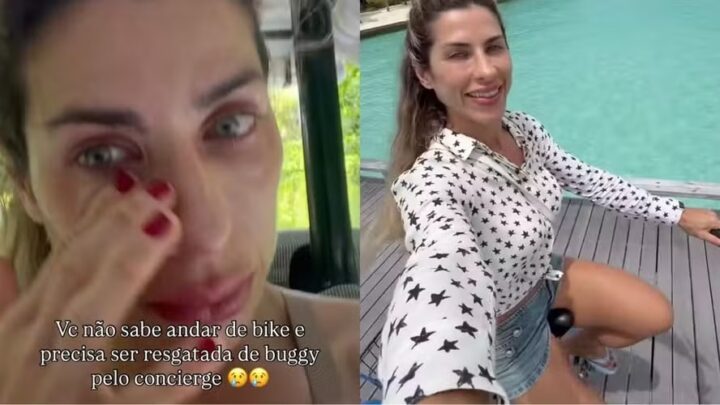 Curtindo férias nas Maldivas, Ana Paula Minerato chora por não saber andar de bicicleta