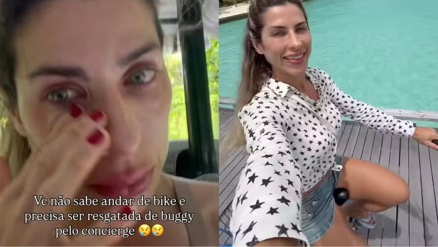 Curtindo férias nas Maldivas, Ana Paula Minerato chora por não saber andar de bicicleta