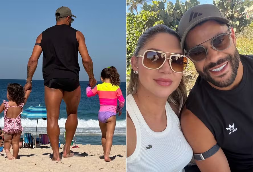 Hulk posa de sunga e curte praia ao lado das filhas e esposa, Camila Ângelo