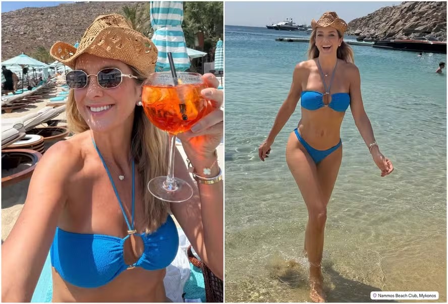 Aos 50 anos, Ticiane Pinheiro exibe shape em dia ao curtir praia em Mykonos com Rafa Justus