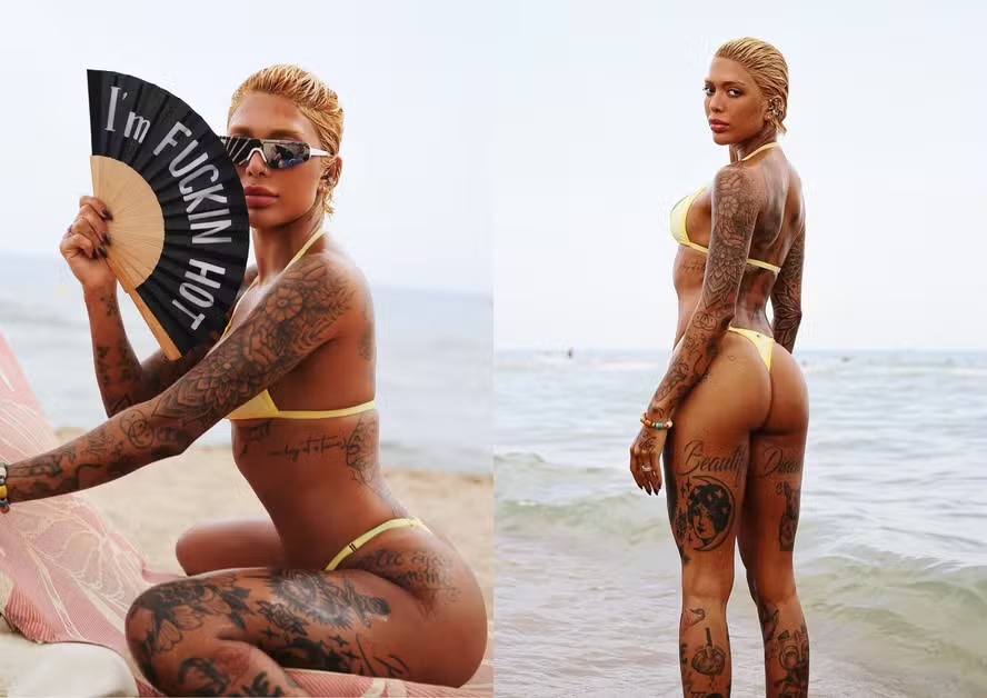 Irmã de Gabigol, Dhiovanna posa de fio-dental amarelo em praia e ganha elogios: ‘Deusa’