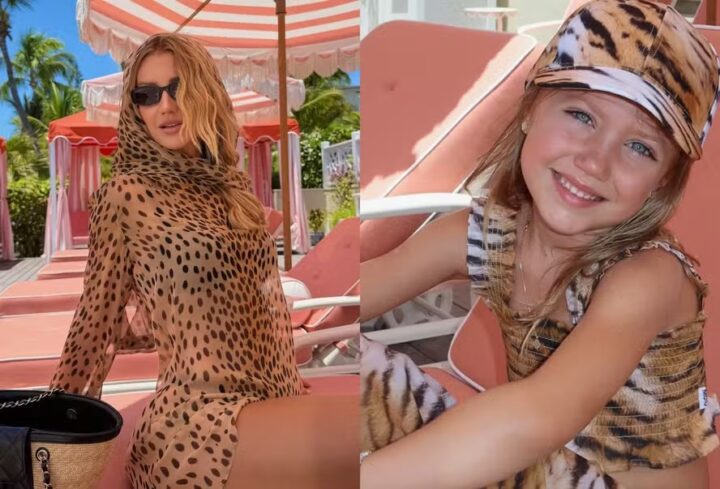 Ana Paula Siebert combina look praiano de oncinha com a filha, Vicky Justus, durante férias nas Bahamas
