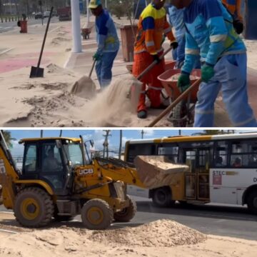 Ventos fortes cobrem trecho da Avenida Otávio Mangabeira com areia em Salvador