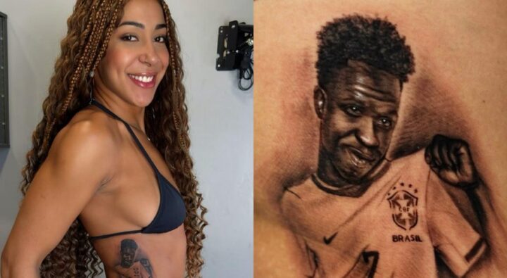 Influenciadora baiana que tatuou rosto de Vini Jr. reage ao novo visual do jogador: ‘Vou ter que retocar’