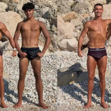 Cristiano Ronaldo exibe o físico em fotos de férias ao lado do filho; confira