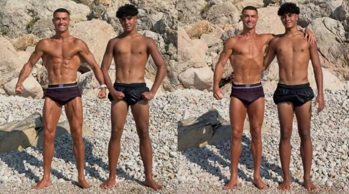 Cristiano Ronaldo exibe o físico em fotos de férias ao lado do filho; confira