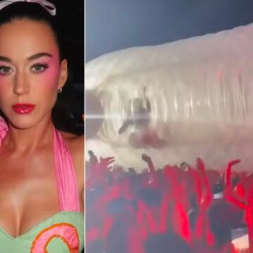Katy Perry fica presa em garrafa inflável durante show e pede ajuda ao público; veja vídeo