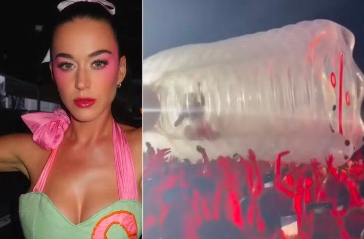 Katy Perry fica presa em garrafa inflável durante show e pede ajuda ao público; veja vídeo