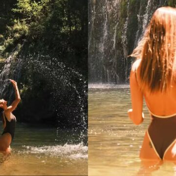 Alessandra Ambrósio curte cachoeira nos EUA e chama atenção ao posar de maiô