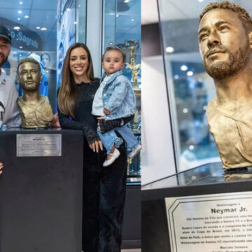 Neymar ganha estátua no Museu do Santos e se emociona com homenagem: ‘Uma honra’