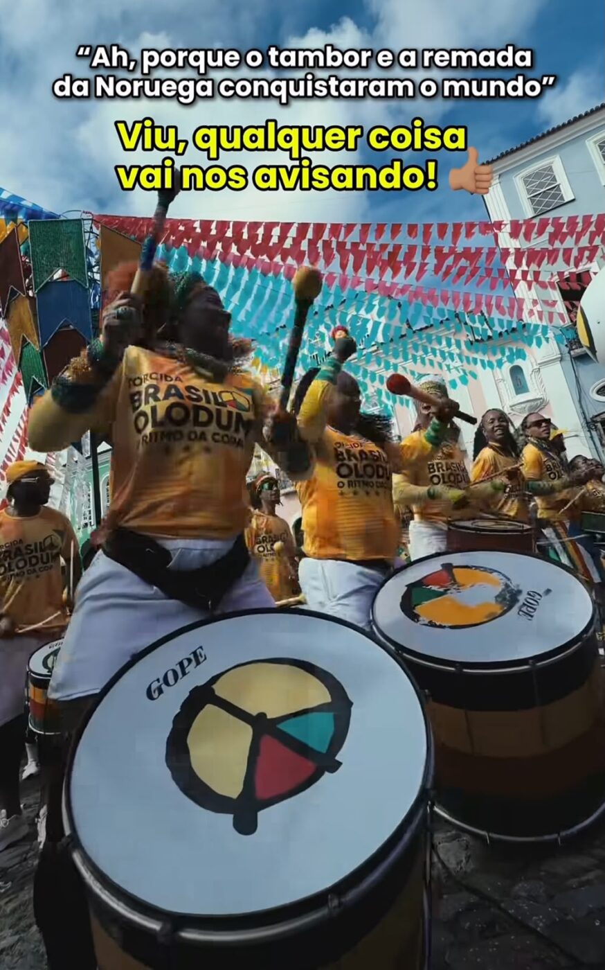Olodum brinca com “remada viking” antes de duelo entre Brasil e Noruega na Copa do Mundo