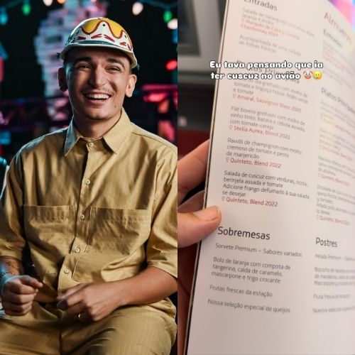 João Gomes se surpreende ao encontrar “cuscuz” em menu de avião e descobre que não era o prato nordestino