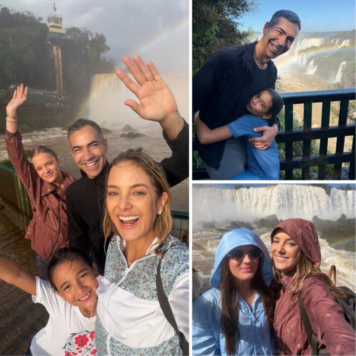 César Tralli e Ticiane Pinheiro visitam as Cataratas do Iguaçu com as filhas: ‘Família amada (e ensopada)’