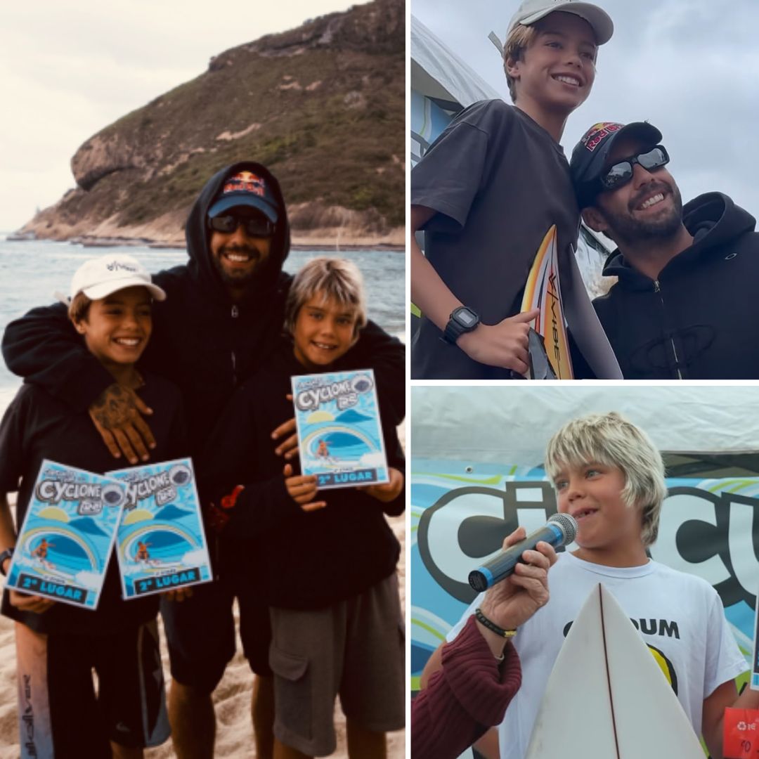 Filhos de Pedro Scooby e Luana Piovani disputam campeonato de surfe no Rio