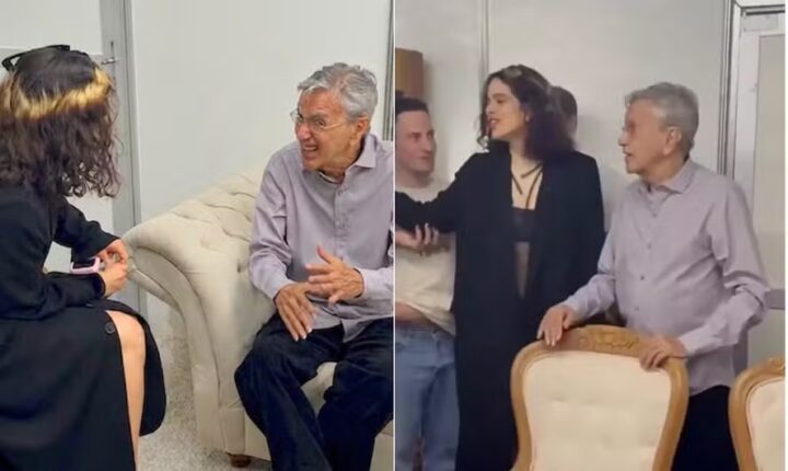 Caetano Veloso se diverte em conversa com Rosalía em bastidor de show