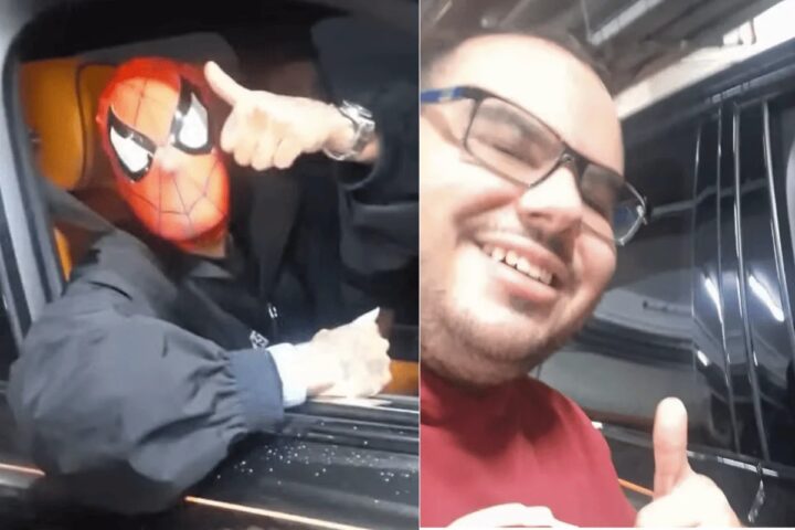 Fã encontra Neymar fantasiado de Homem-Aranha na saída de shopping