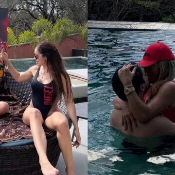 Ex de Hulk, Iran Ângelo curte domingo com namorado e nora na piscina de sua mansão