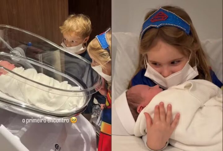 Filha de Xuxa emociona ao mostrar encontro dos filhos com irmão recém-nascido