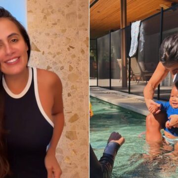 Carol Peixinho encanta ao mostrar primeira aula de natação de Bento, seu filho com Thiaguinho: ‘Foi demais’