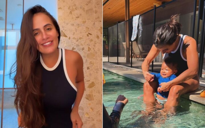 Carol Peixinho encanta ao mostrar primeira aula de natação de Bento, seu filho com Thiaguinho: ‘Foi demais’