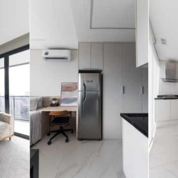 Duplex de 56 m² aposta em tons neutros e escada helicoidal; veja fotos