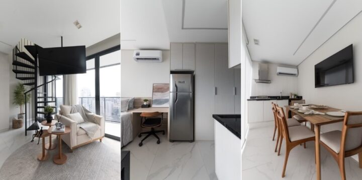 Duplex de 56 m² aposta em tons neutros e escada helicoidal; veja fotos