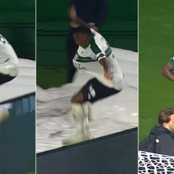 Jogador do Coritiba cai em fosso ao comemorar gol anulado contra a Chapecoense
